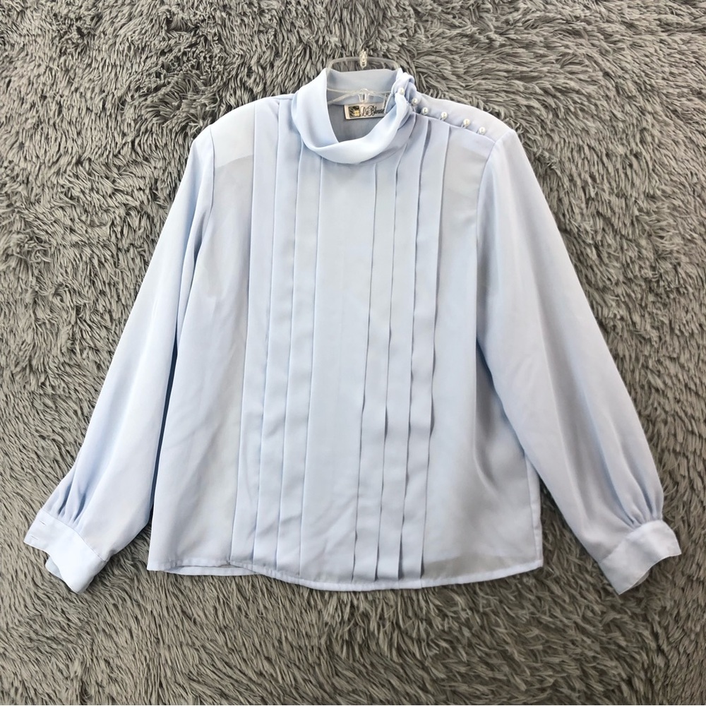 LA Blouse Womens Size 14 Pleated Side Neck Button Lightweight Mock Neck Blue Vtg